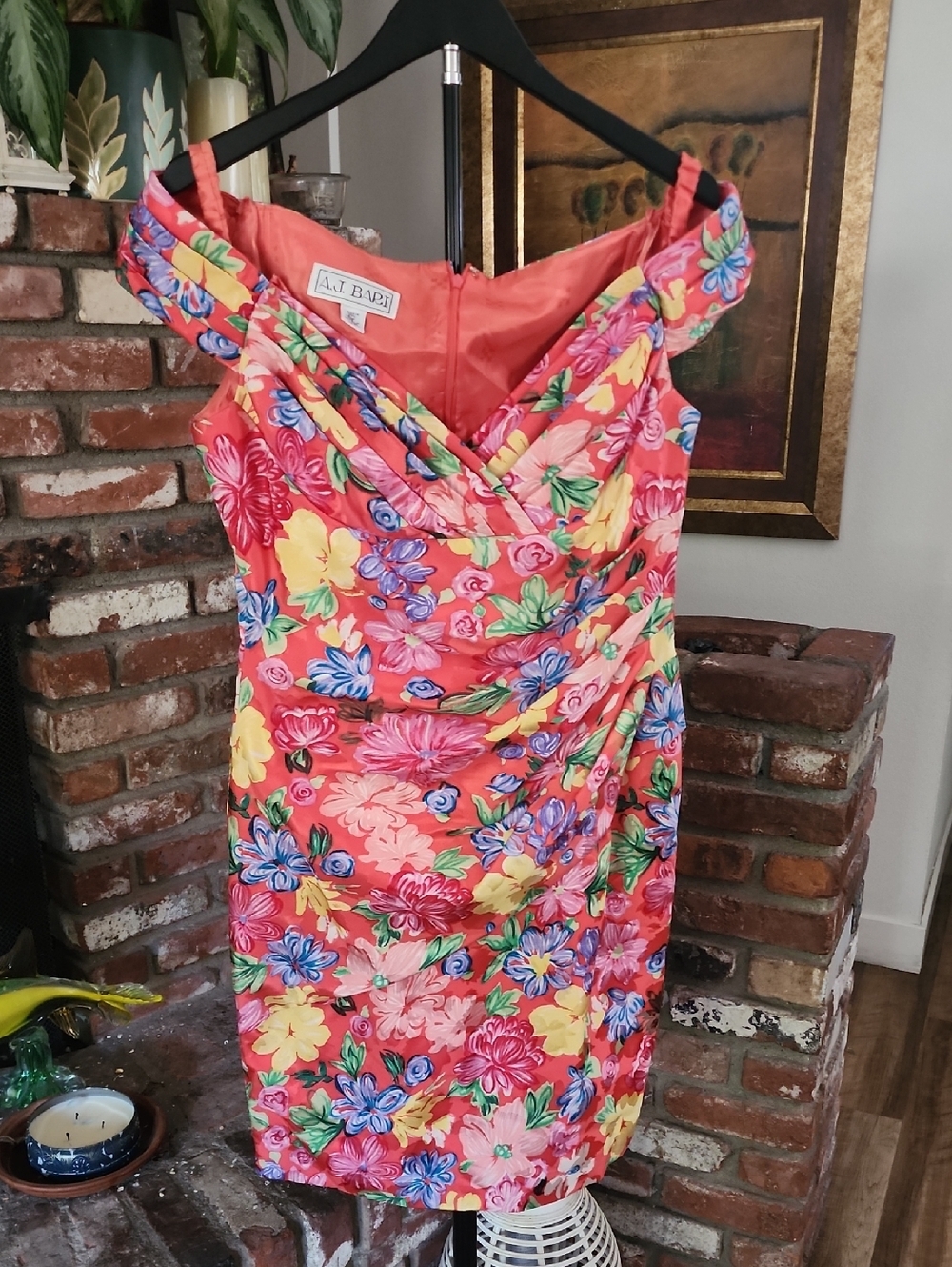 AJ Bari Silk Coral Tropical Floral Off Shoulder Above The Knee Dress Resort Glam